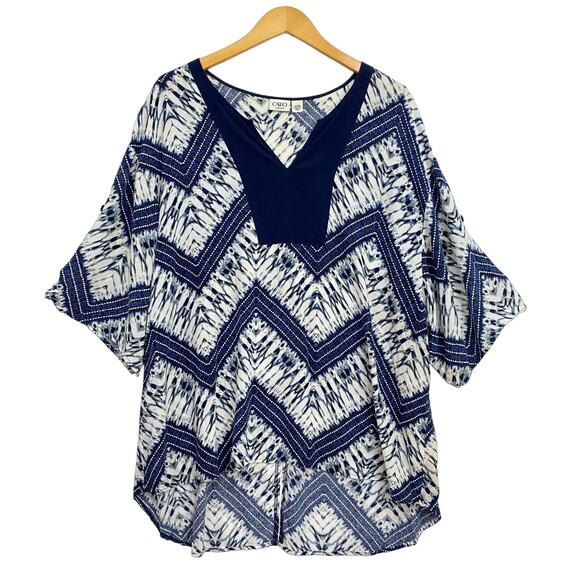 Cato Top Women's 22W - 24W Blue Chevron Hi-Lo Sheer Tunic Blouse Flowy - Picture 1 of 10